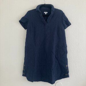 J Jill Gauzy Cotton Shirt Dress Split Neck Navy Blue Beach Coastal Breezy XS